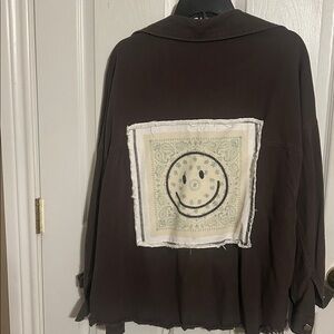 Women’s button  Brown Jacket with smiley face on back fantastic fawn